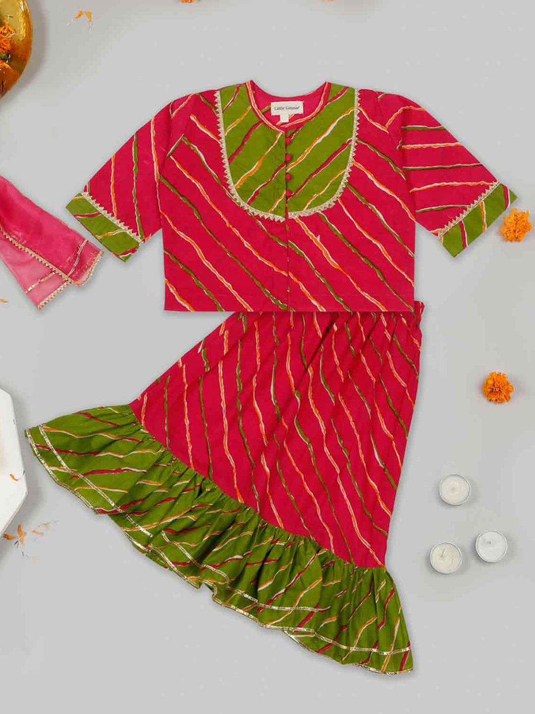 LITTLE GINNIE Girls Bandhani Printed Regular Pure Cotton Kurti with Churidar & With Dupatta-picture-16