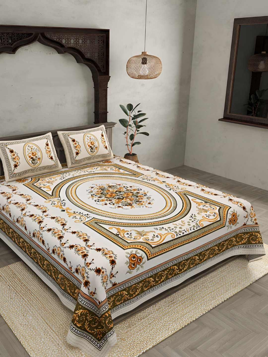 BED-SHEET.COM Yellow & Cream-Coloured Ethnic Motifs King Bedsheet with 2 Pillow Covers-image-8