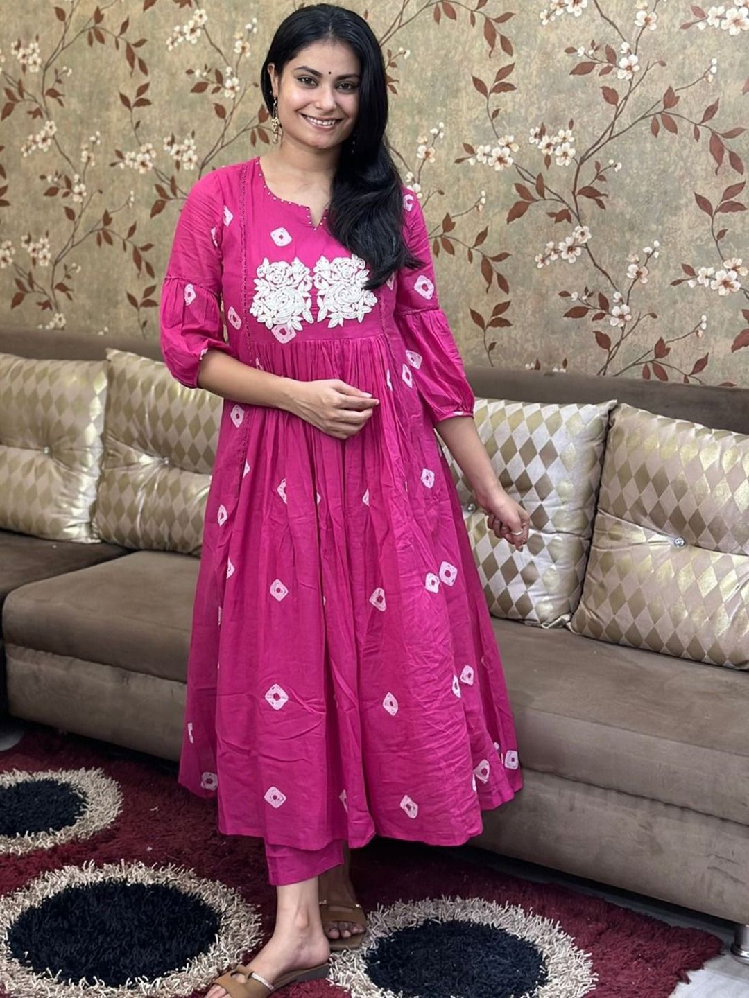 Anni Designer Floral Embroidered Notch Neck Anarkali Kurta with Trousers