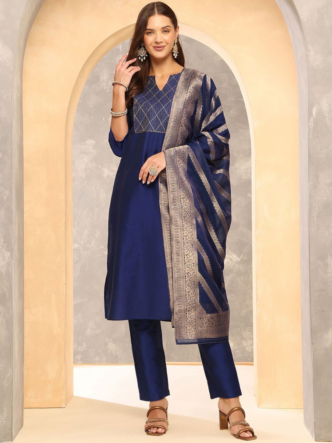Anouk Navy Blue Geometric Embroidered Notch Neck Kurta with Trousers & Dupatta