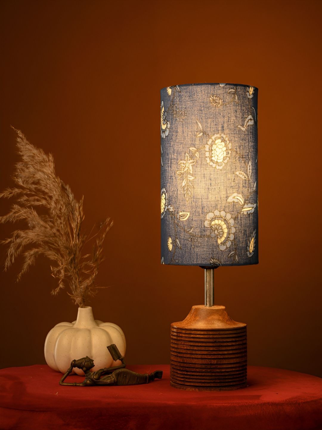 green girgit Blue Printed Wood Cylindrical Shaped Table Lamp-picture-33