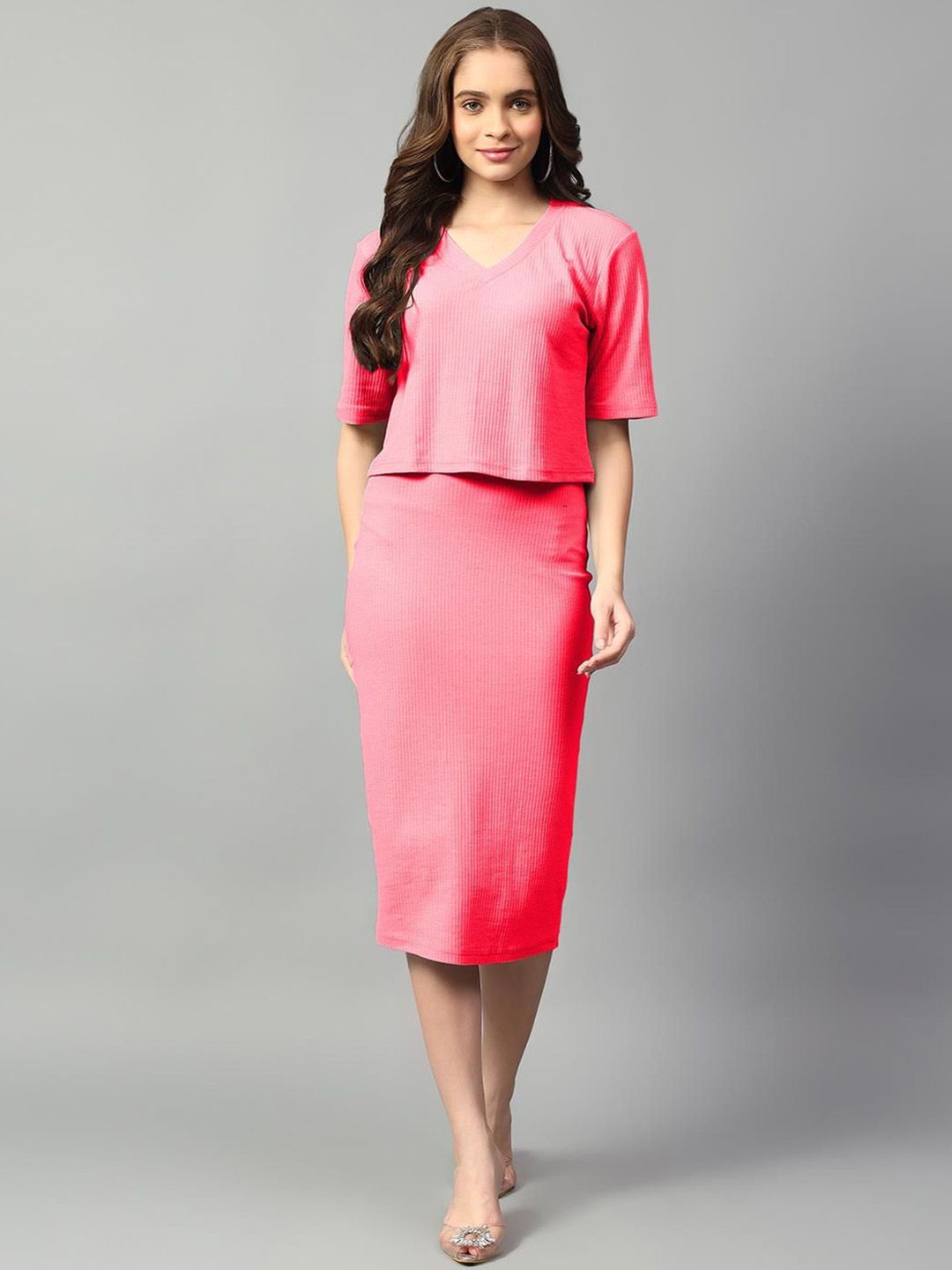 Kotty Pink V-Neck Short Sleeves Top With Skirt-picture-33
