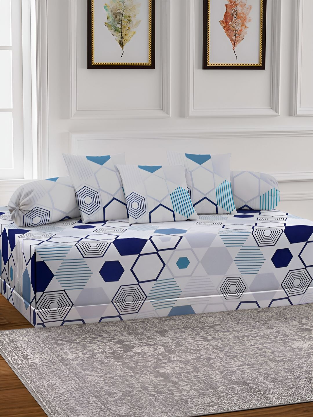 Arrabi 6-Pcs White & Blue Printed Diwan Set-image-7