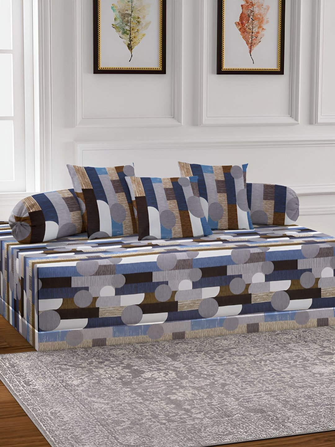 Arrabi 6-Pcs White & Blue Printed Diwan Set-image-49