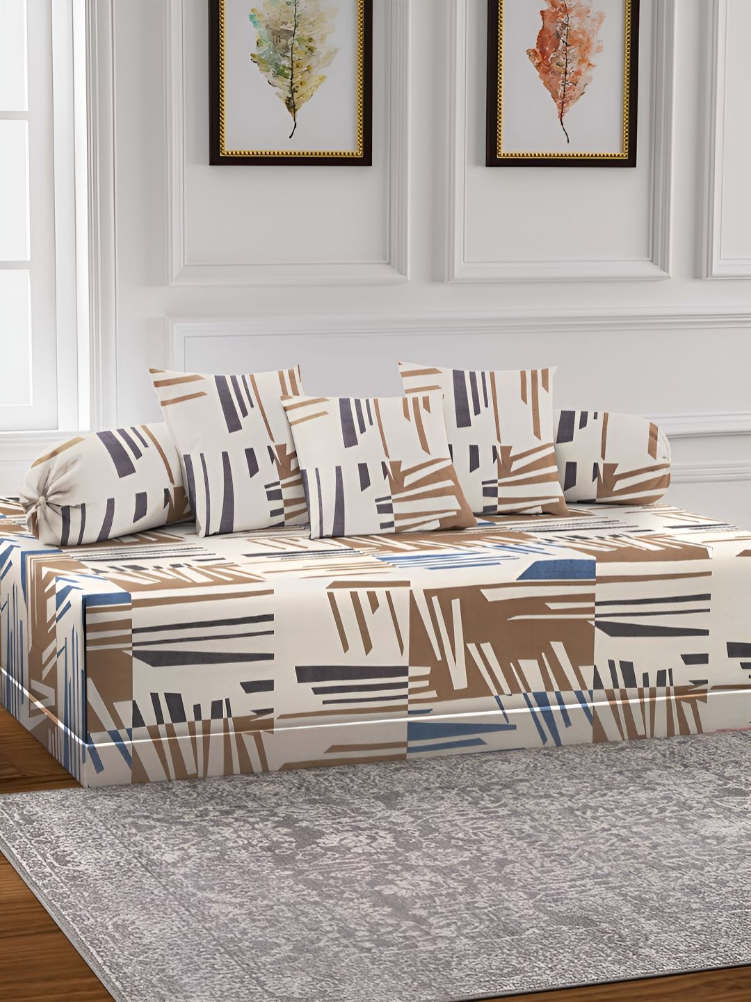 Arrabi 6-Pcs Beige & Blue Printed Diwan Set-image-17