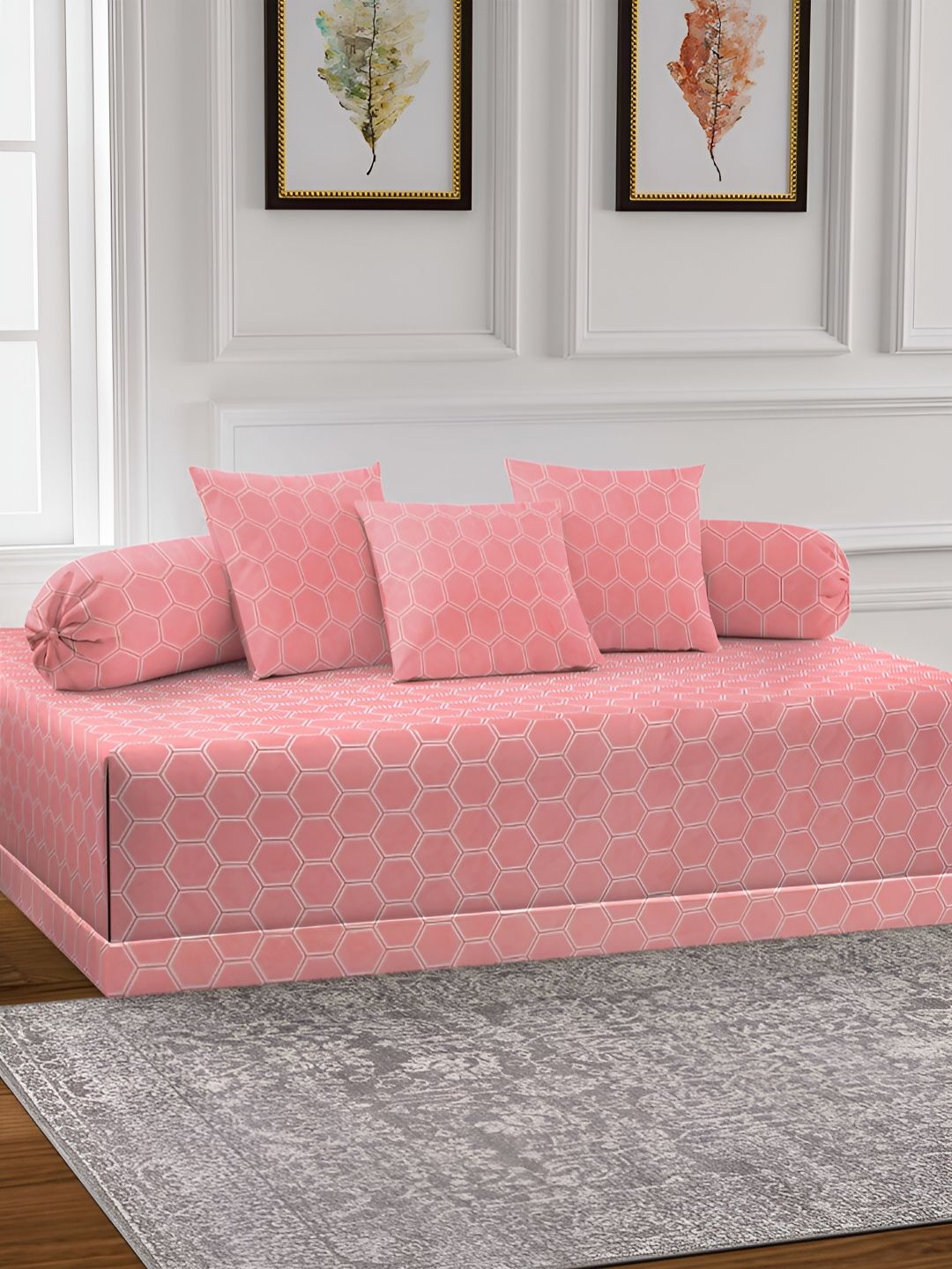 Arrabi 6-Pcs White & Pink Printed Cotton Diwan Set