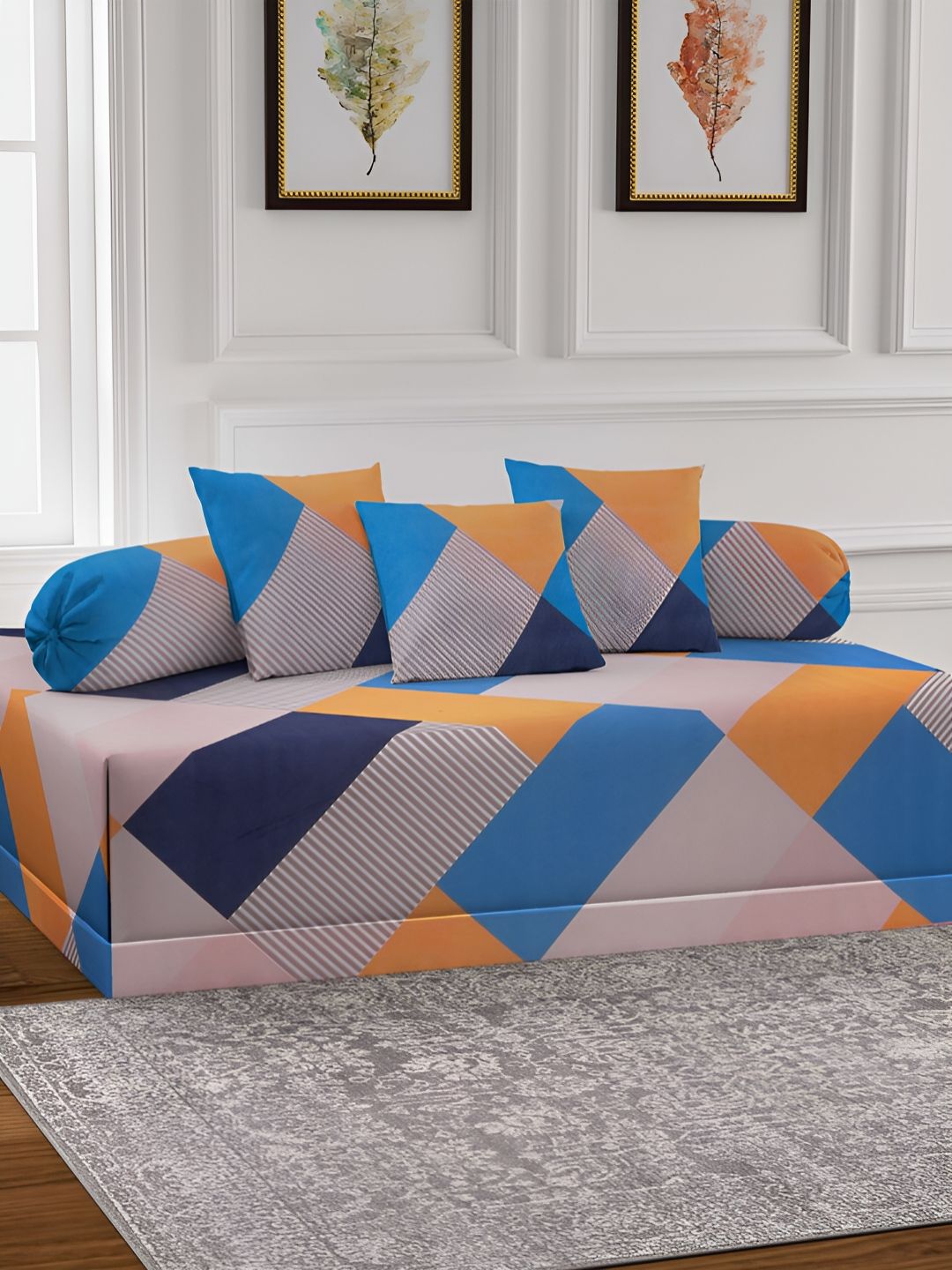 Arrabi 6-Pcs White & Blue Printed Diwan Set-image-46