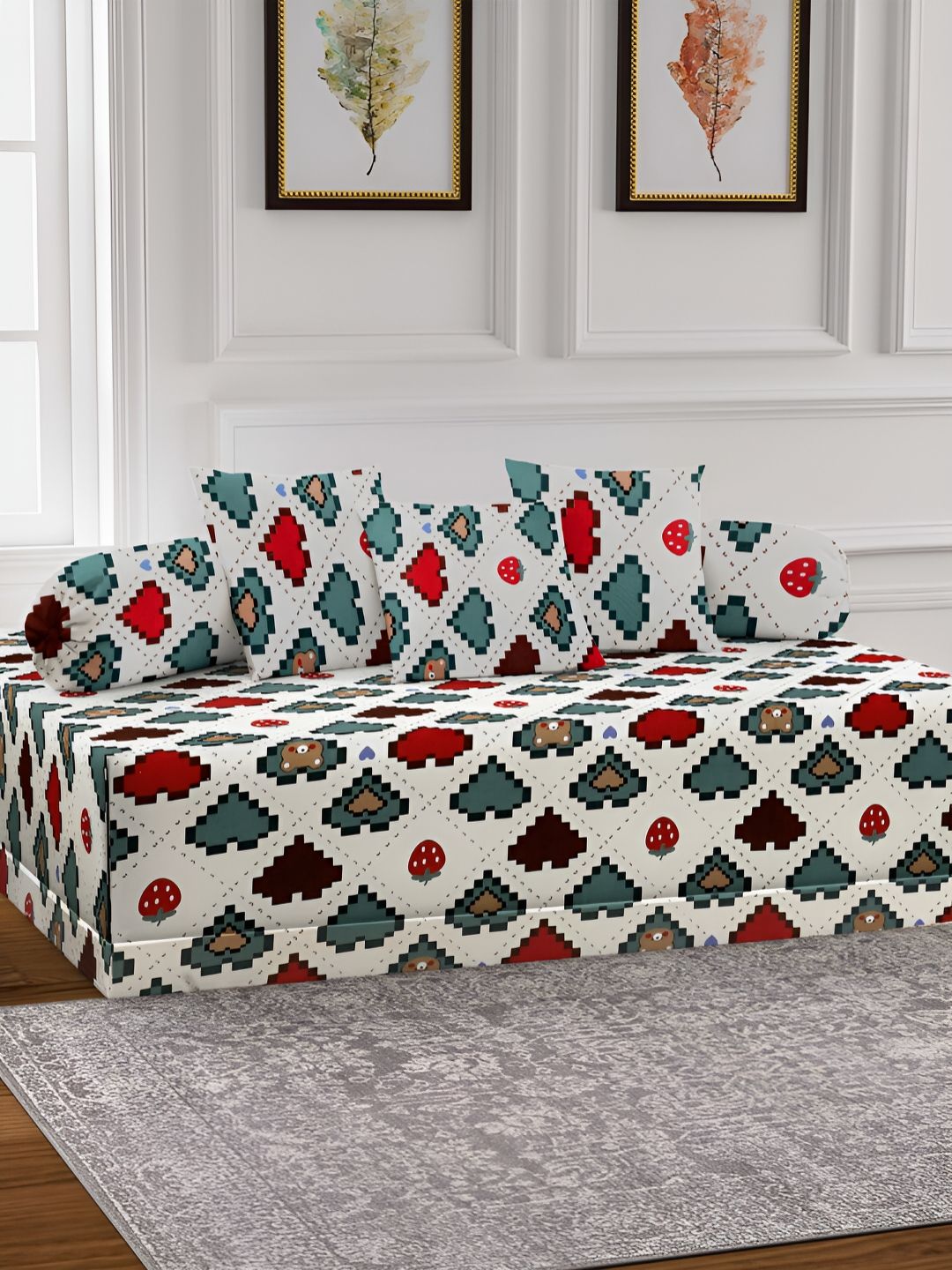 Arrabi 6-Pcs White & Green Printed Diwan Set-picture-17