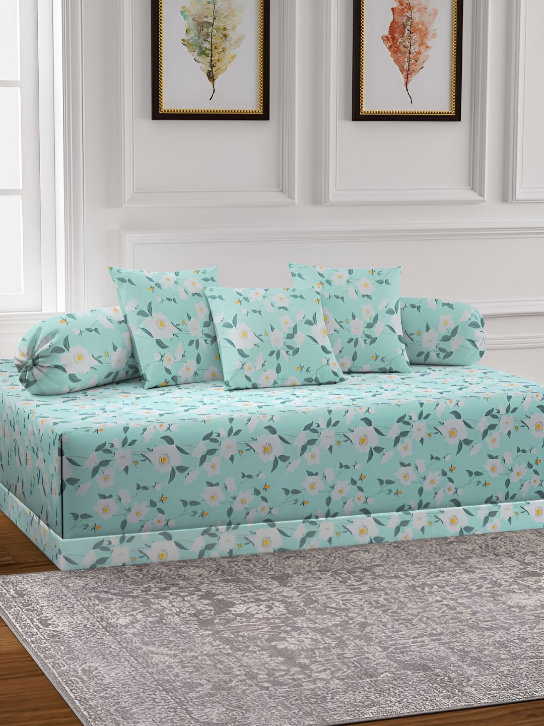 Arrabi 6-Pcs Green & White Printed Diwan Set-image-7