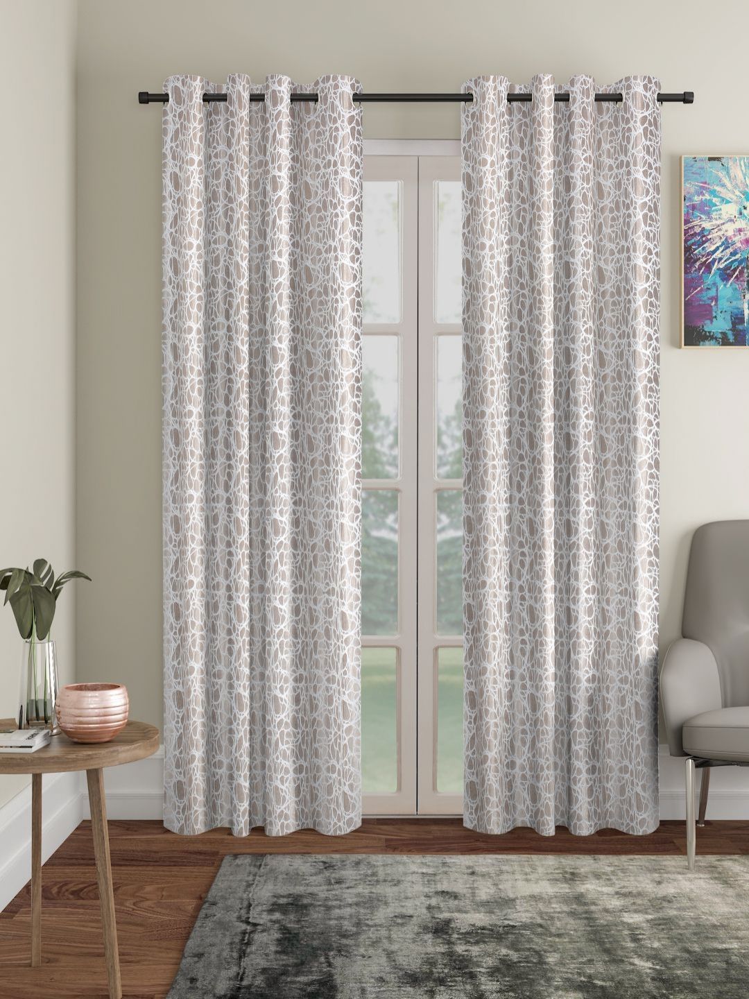 HOSTA HOMES Brown & White Set of 2 Geometric Long Door Curtain-image-49