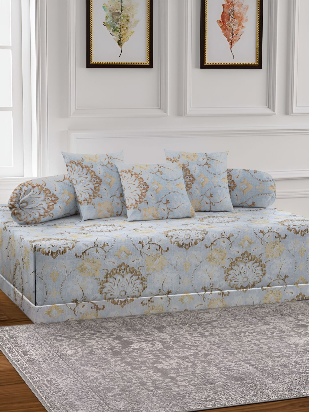 Arrabi 6-Pcs Blue & Brown Printed Diwan Set-image-18
