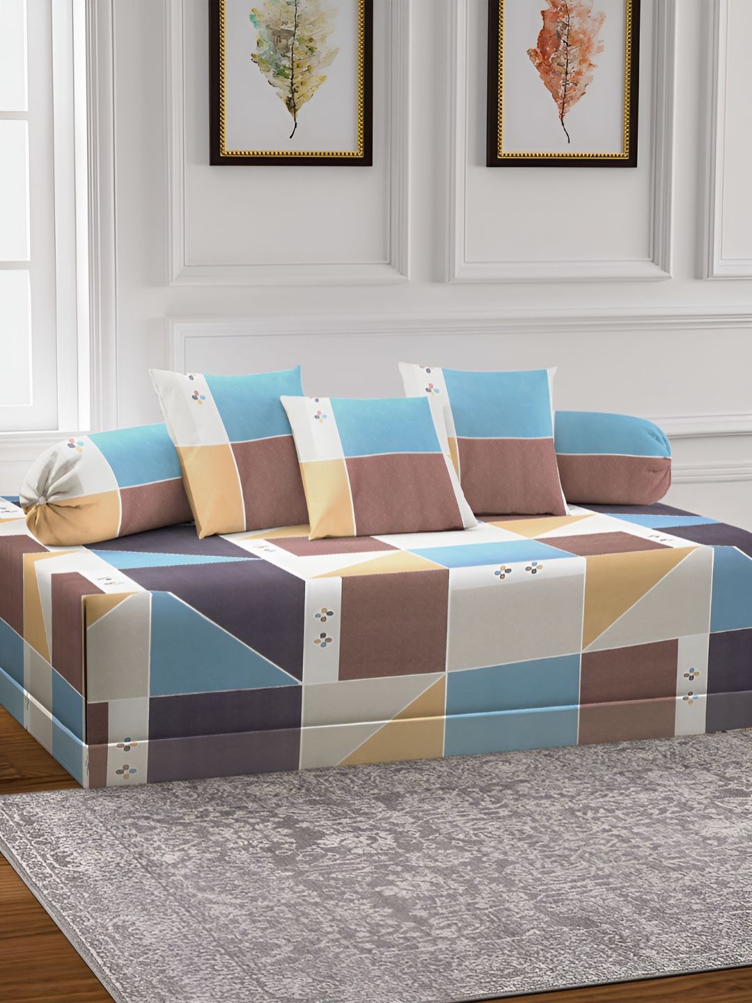 Arrabi 6-Pcs White & Brown Printed Diwan Set-image-20