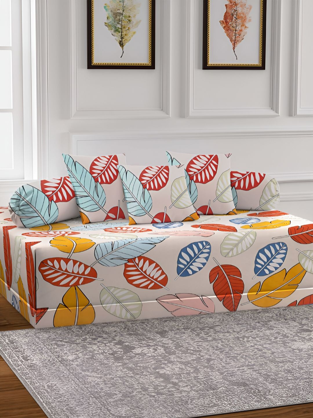 Arrabi 6-Pcs White & Blue Printed Diwan Set-image-47