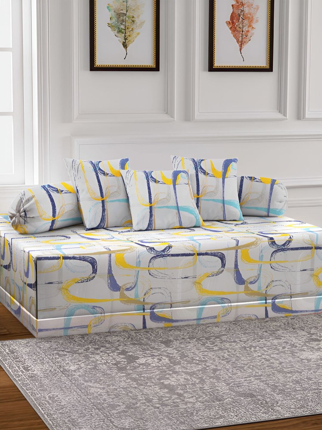 Arrabi 6-Pcs White & Yellow Printed Diwan Set-image-18