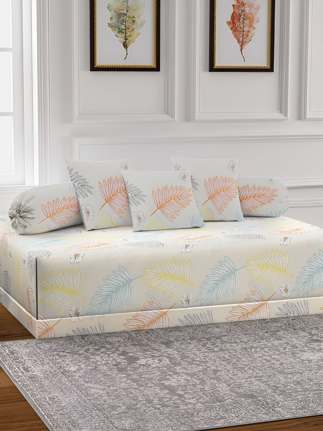 Arrabi 6-Pcs Cream-Color & Yellow Printed Diwan Set-image-16
