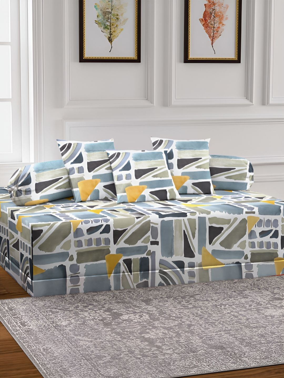 Arrabi 6-Pcs White & Blue Printed Diwan Set-image-48