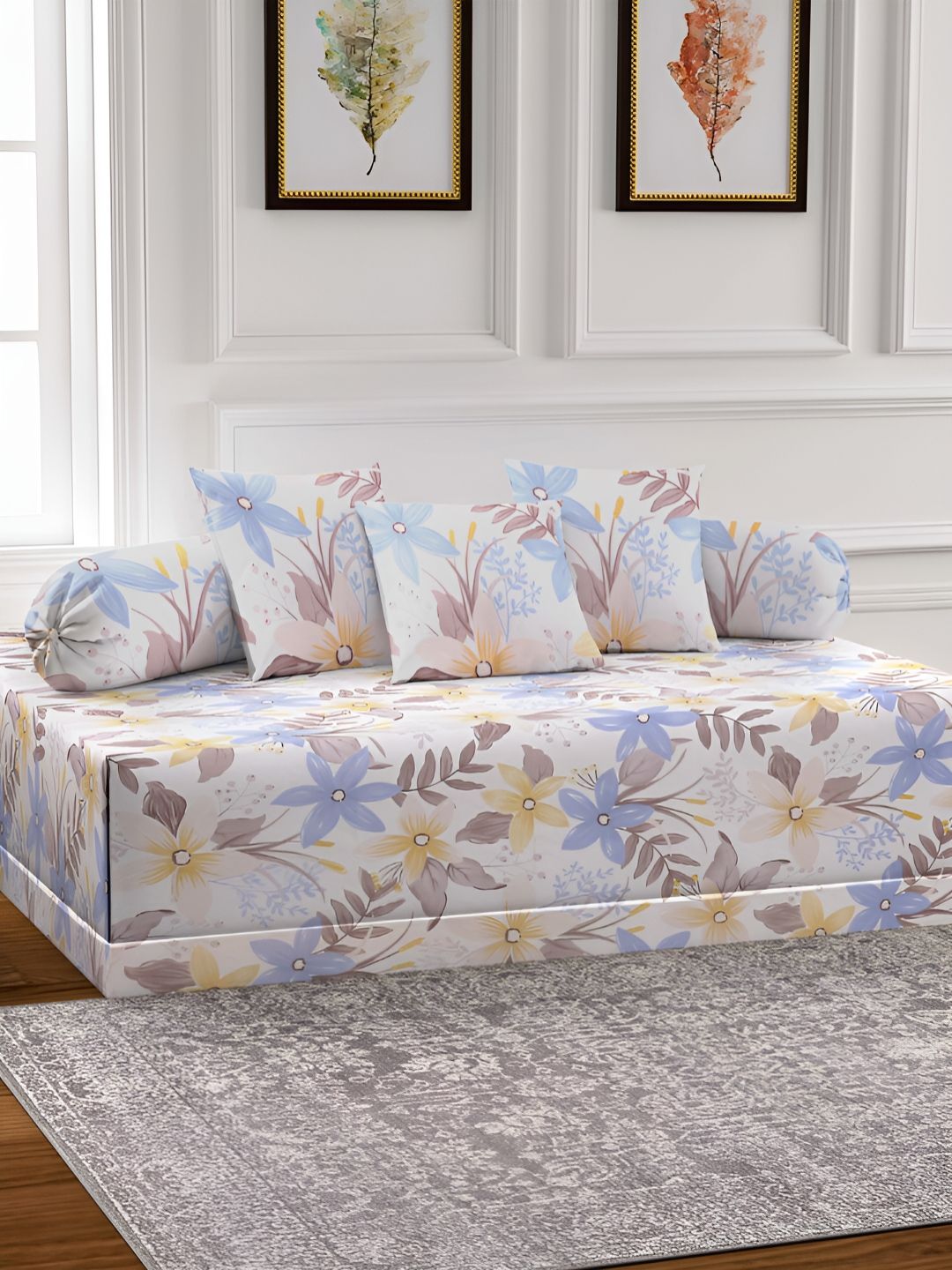 Arrabi 6-Pcs White & Blue Printed Diwan Set-image-45