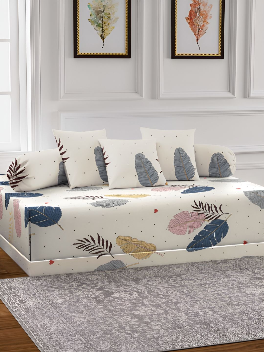 Arrabi 6-Pcs Cream-Color & Pink Printed Diwan Set-picture-20