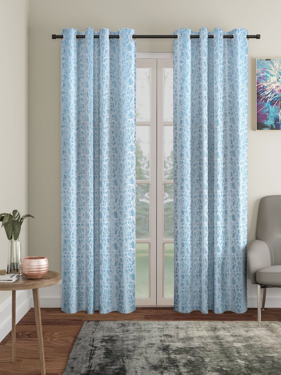 HOSTA HOMES Blue & White Set of 2 Geometric Long Door Curtain-image-21