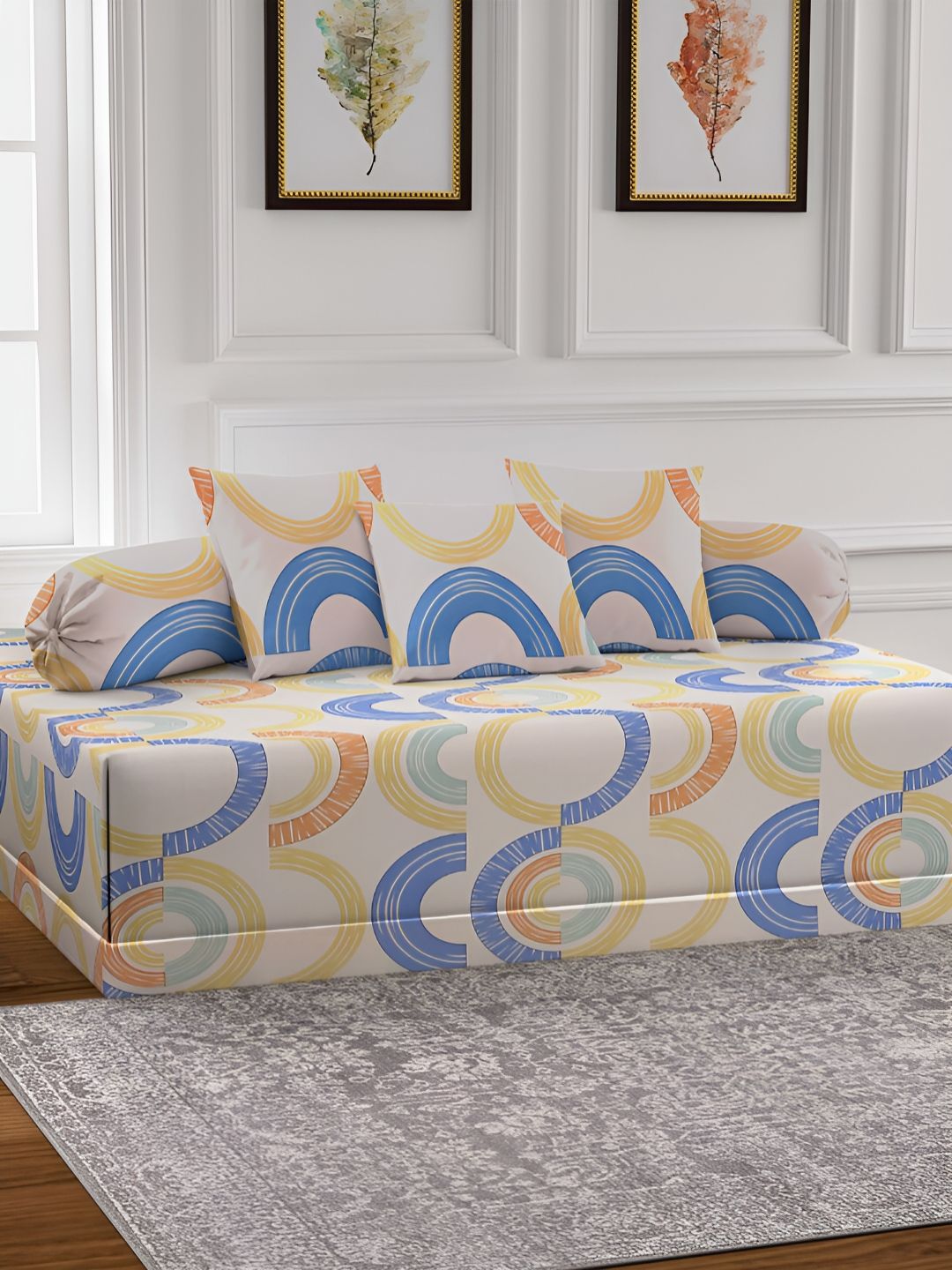 Arrabi 6-Pcs Cream-Color & Blue Printed Diwan Set-picture-23