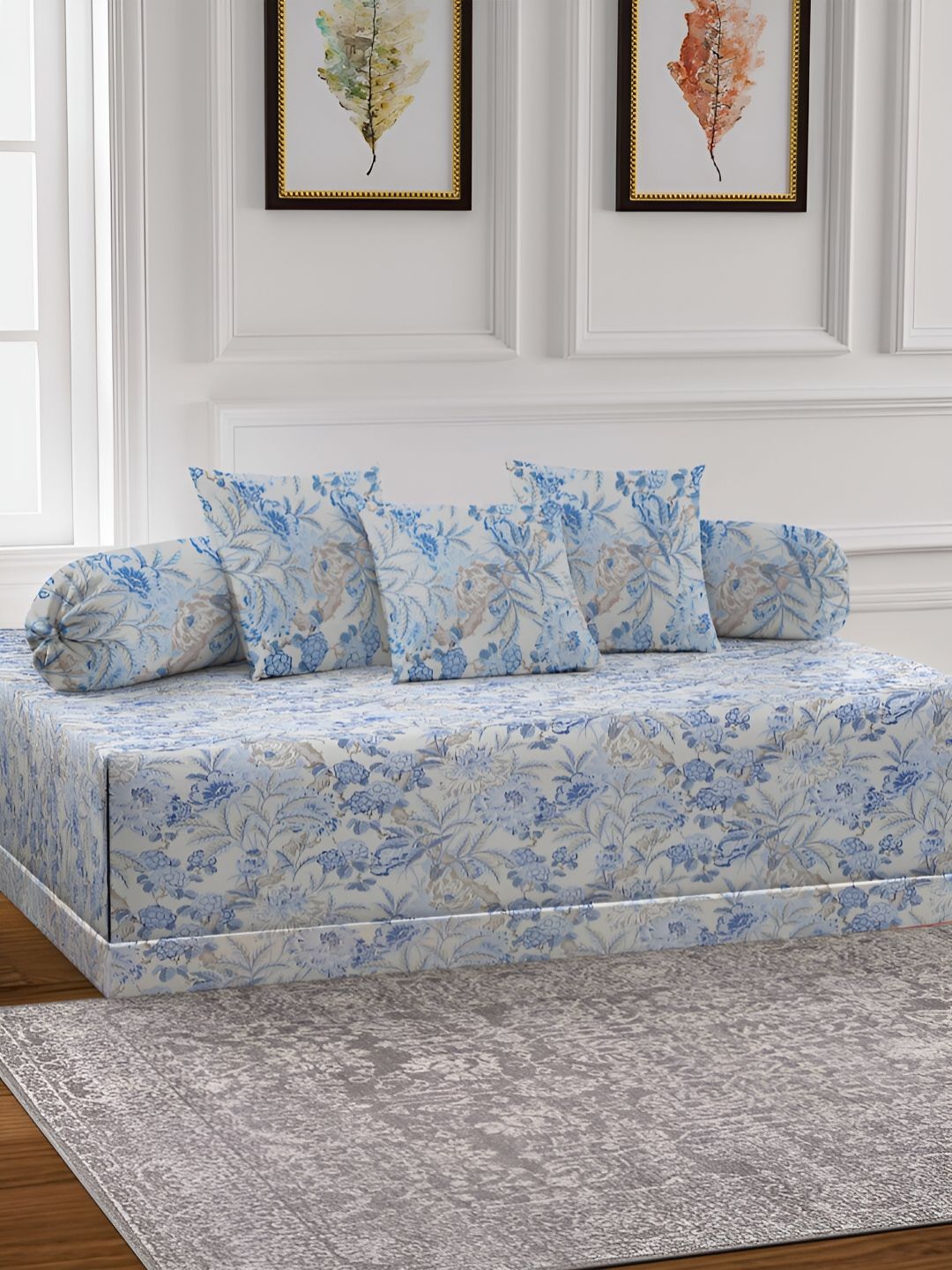 Arrabi 6-Pcs Cream-Color & Blue Printed Diwan Set-picture-38