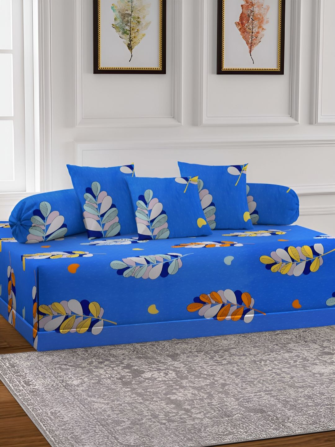 Arrabi 6-Pcs White & Blue Printed Diwan Set-image-11