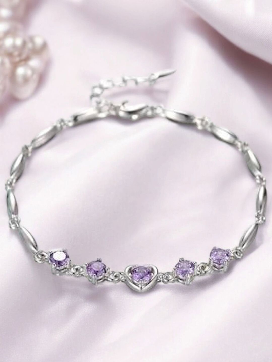 Nilu's Collection Women Cubic Zirconia Silver-Plated Bangle-Style Bracelet-image-28