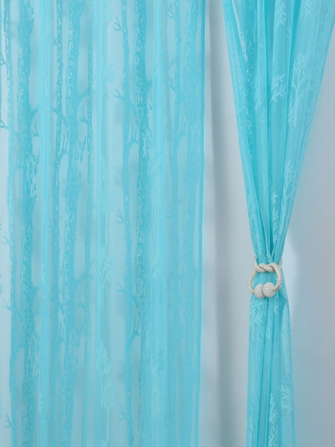 Aura Turquoise Blue Set of 2 Floral Sheer Door Curtain-picture-46