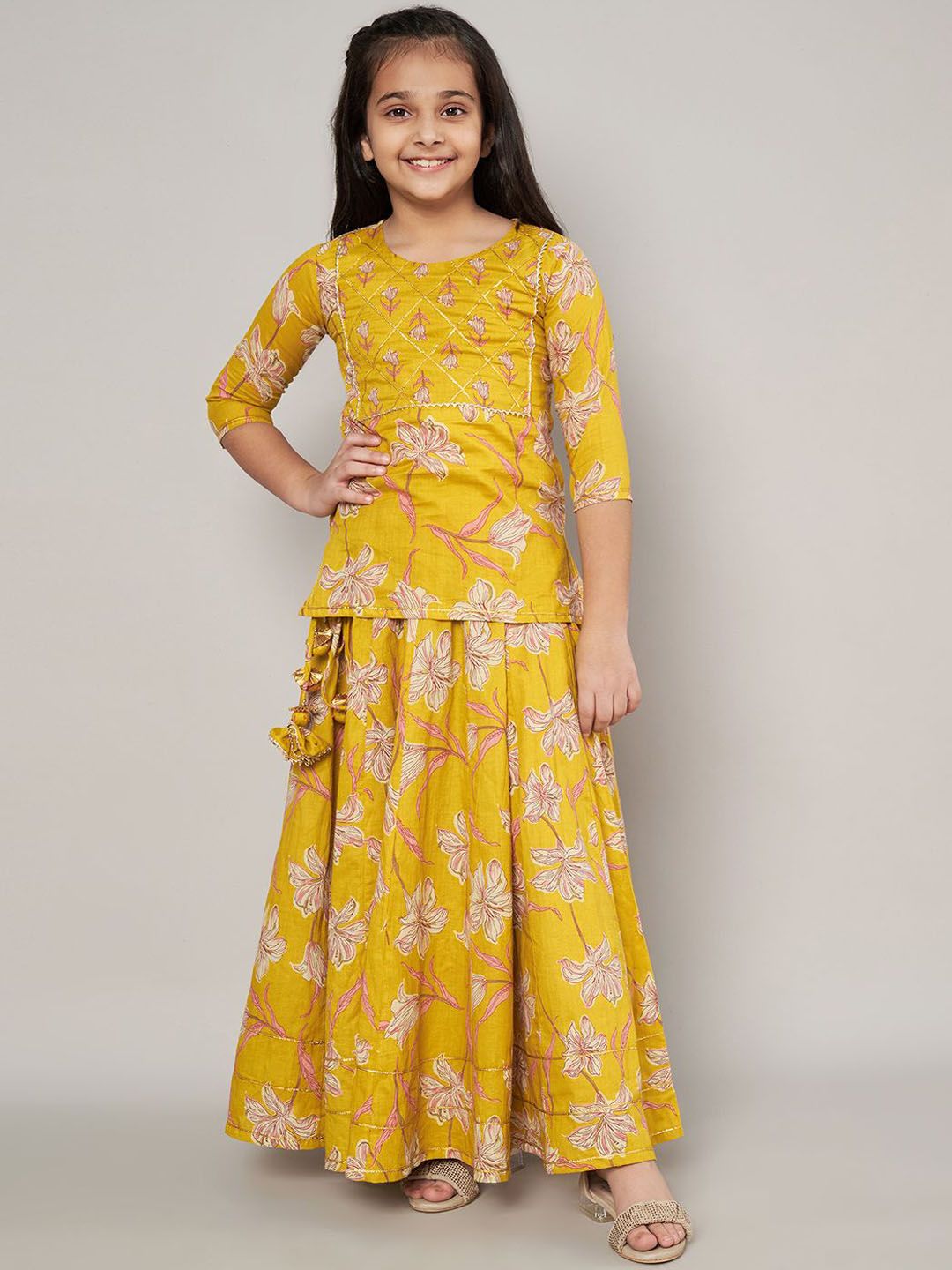 COTLAND FASHION Girls Floral Printed Regular Gotta Patti Pure Cotton Kurti with Skirt-picture-58