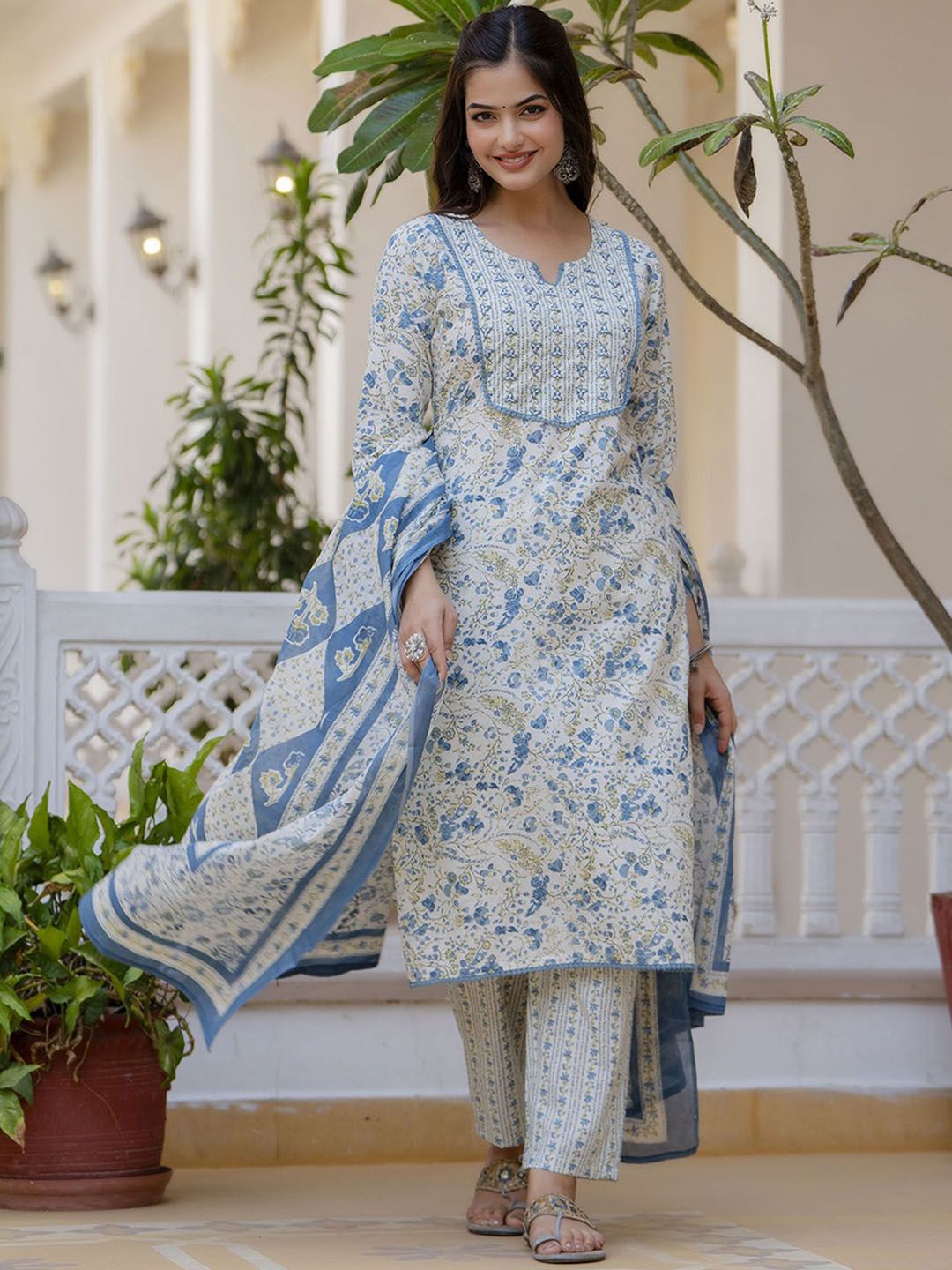 EthniFlair Women Floral Printed Regular Aari Work Pure Cotton Kurta with Palazzos & With Dupatta-image-31