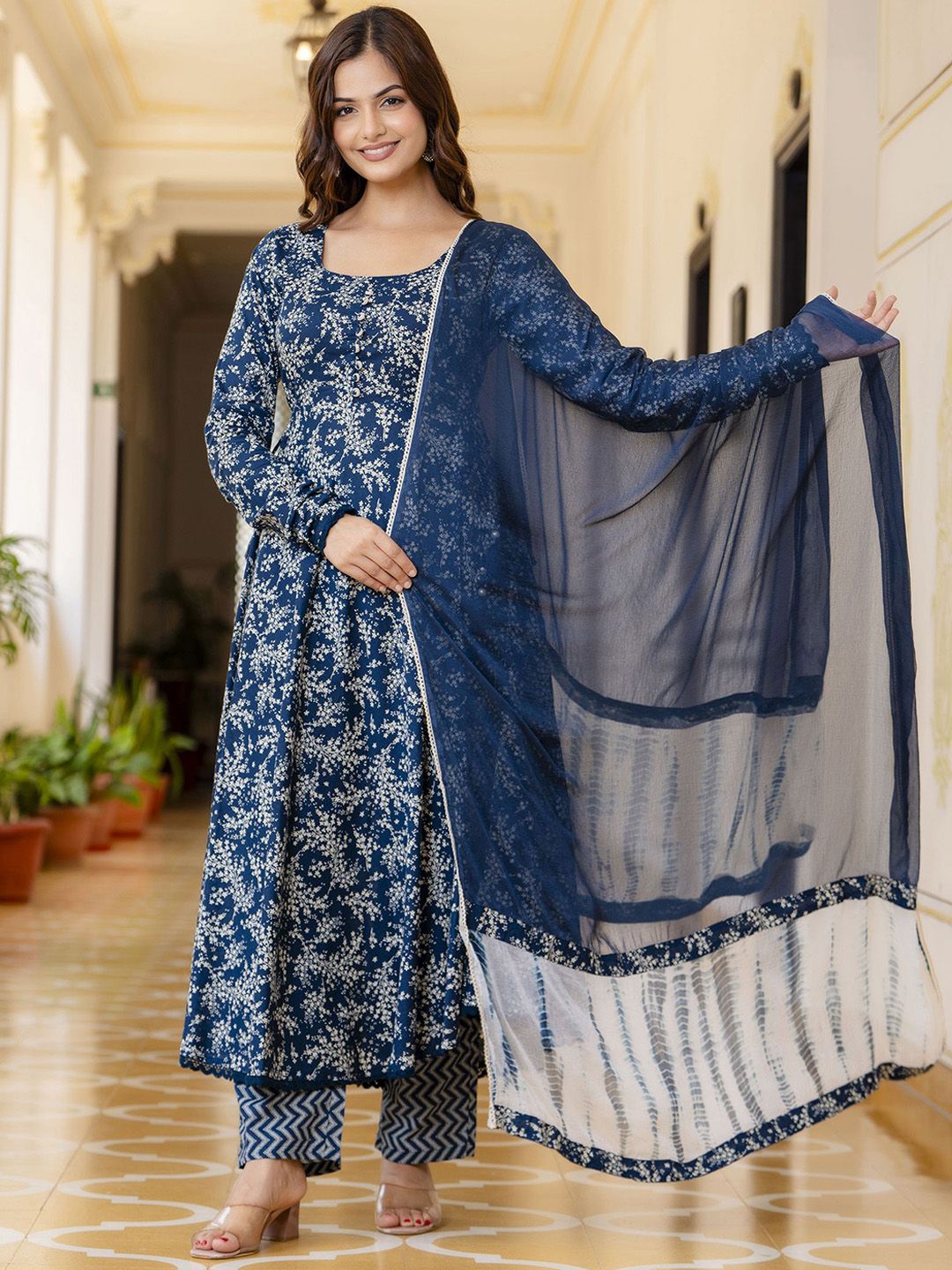 EthniFlair Women Floral Printed Empire Aari Work Pure Cotton Kurta with Pyjamas & With Dupatta-image-33
