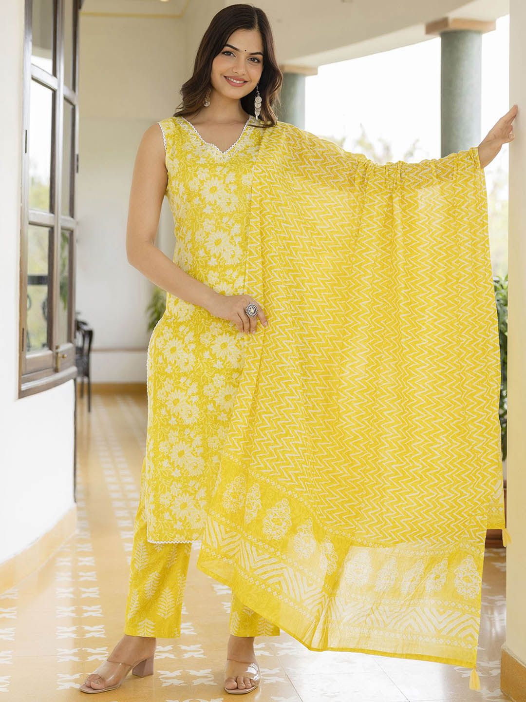 EthniFlair Women Floral Printed Regular Aari Work Pure Cotton Kurta with Trousers & With Dupatta-image-30