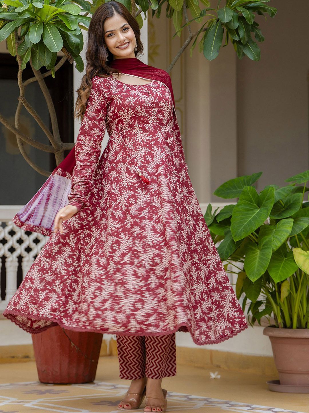 EthniFlair Women Floral Printed Empire Aari Work Pure Cotton Kurta with Trousers & With Dupatta-picture-11