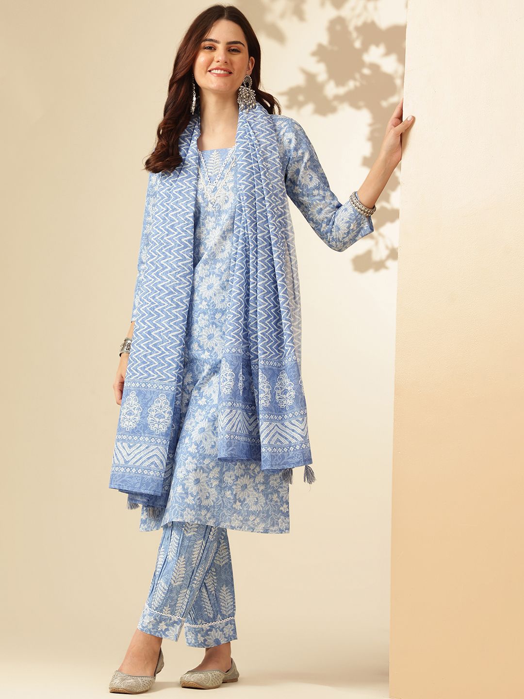 EthniFlair Women Floral Printed Regular Thread Work Pure Cotton Kurta with Patiala & With Dupatta-image-18