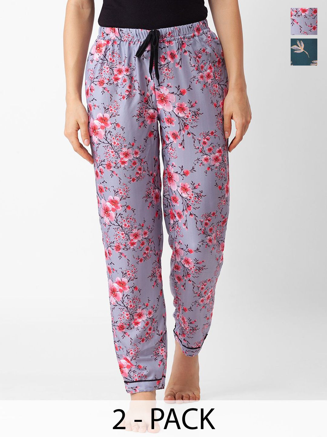FashionRack Women Pack Of 2 Floral Printed Mid- Rise Lounge Pants-picture-36