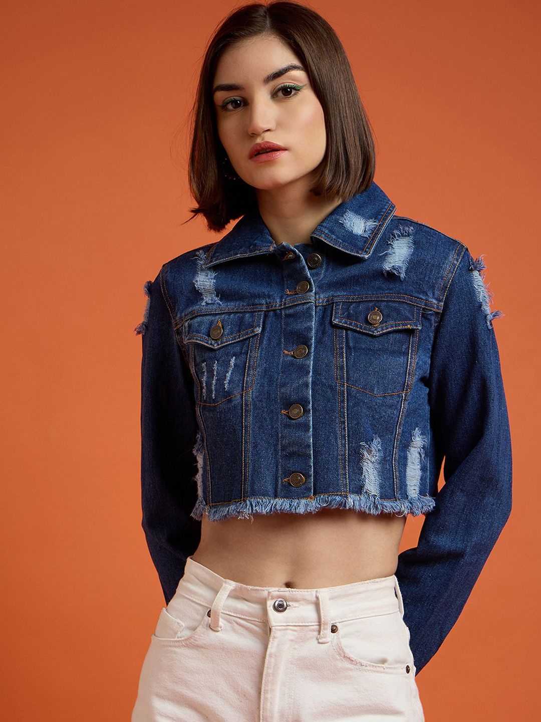 SASSAFRAS Women Washed Crop Denim Jacket