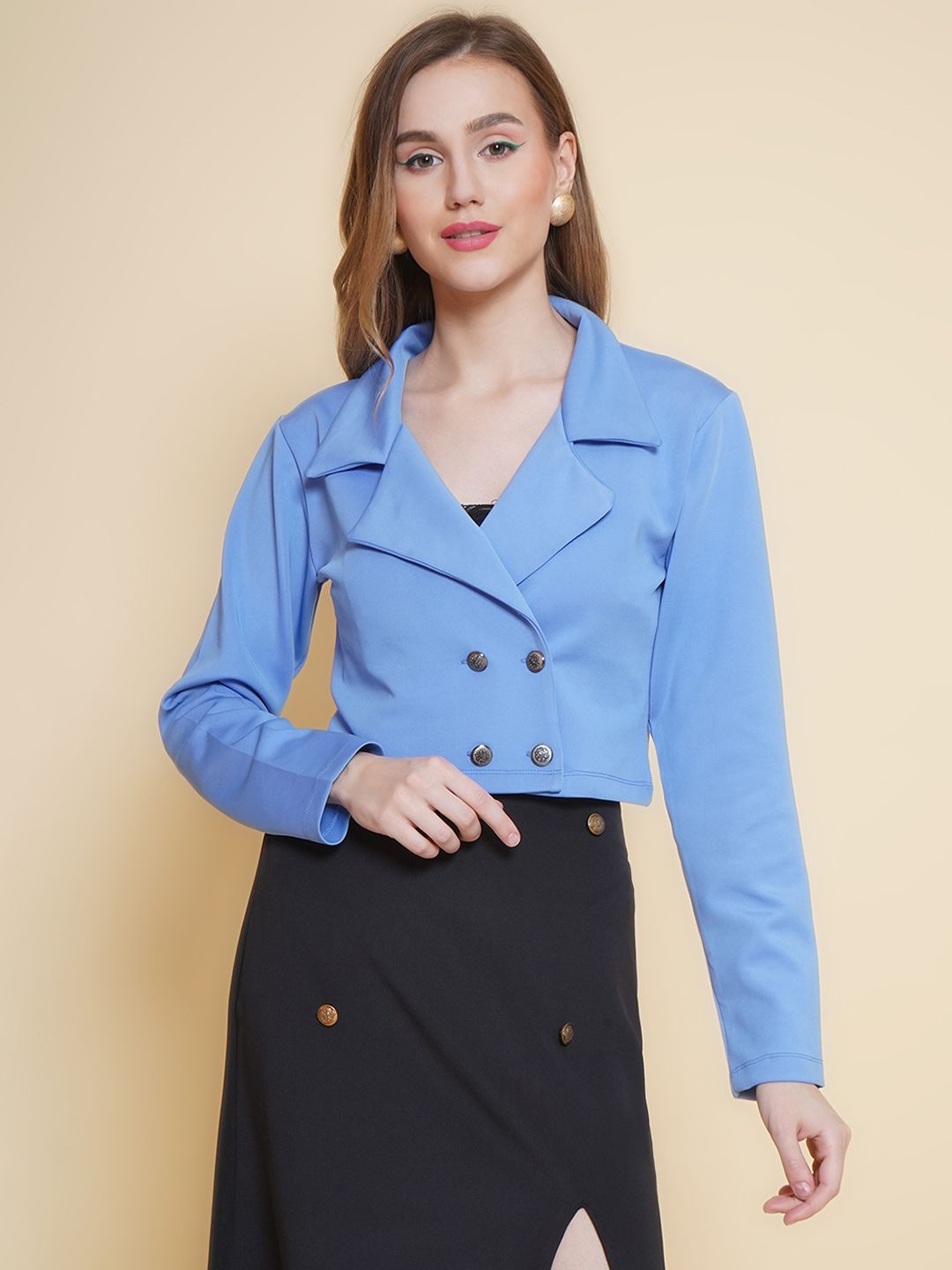 KATLINE Double-Breasted Relaxed-Fit Casual Blazer-image-42
