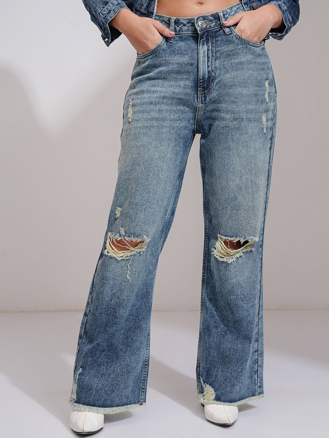 Tokyo Talkies Women Cotton Flared High-Rise Highly Distressed Heavy Fade Jeans-picture-24