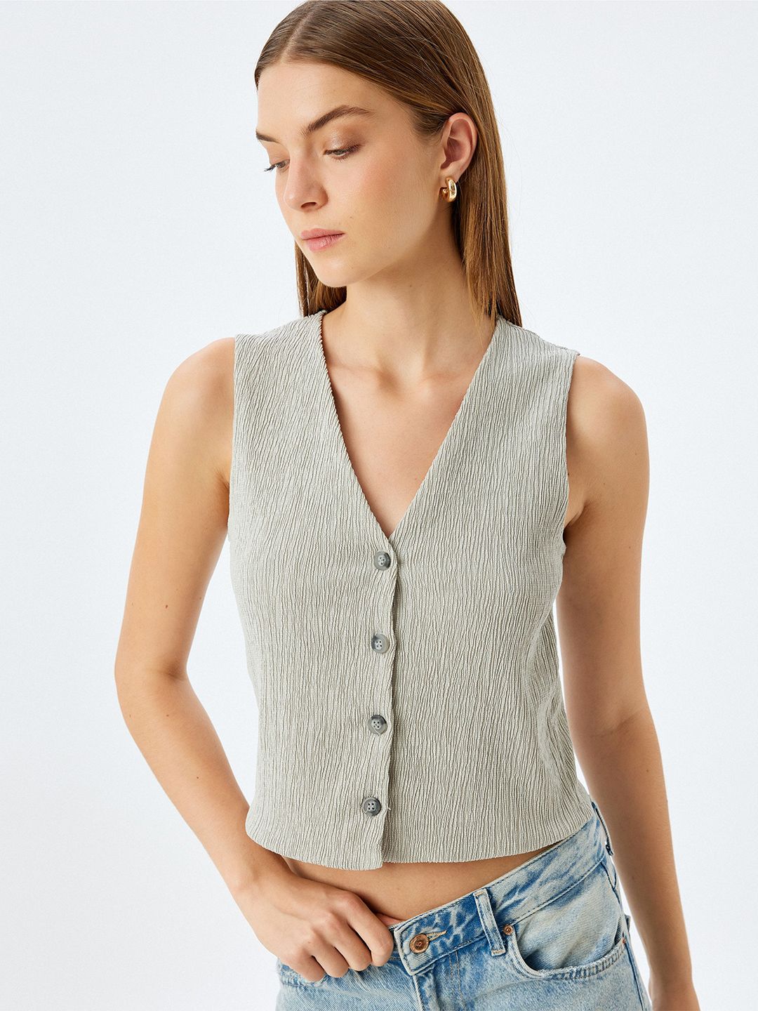Koton Women V-Neck Woven Waistcoat-picture-31