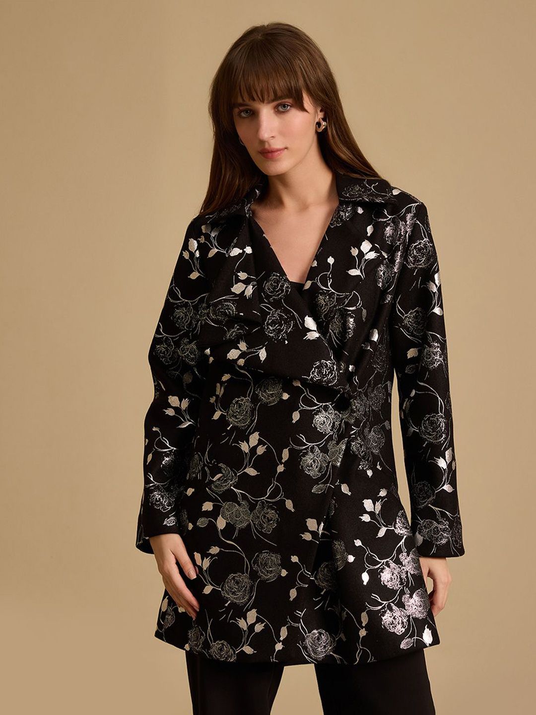 Kazo Women Printed Long Sleeve Felt Overcoat