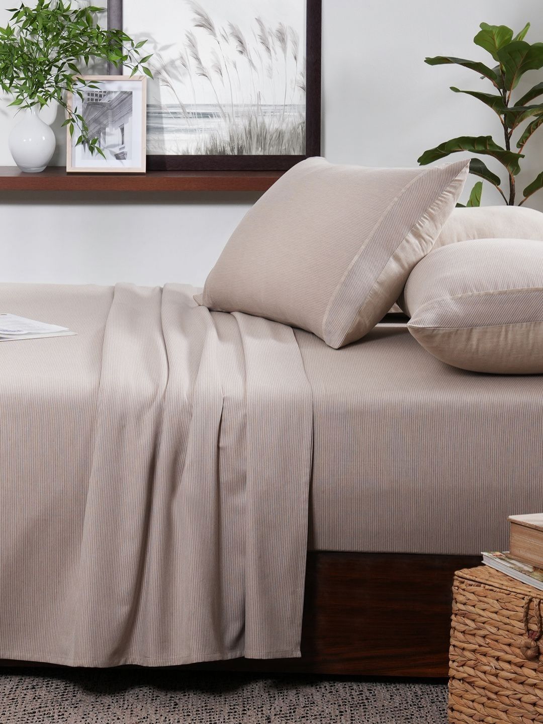 MASPAR Beige Pin Stripe 300 TC Cotton Double King Bedsheet Set 2.75 m x 2.75 m-picture-10