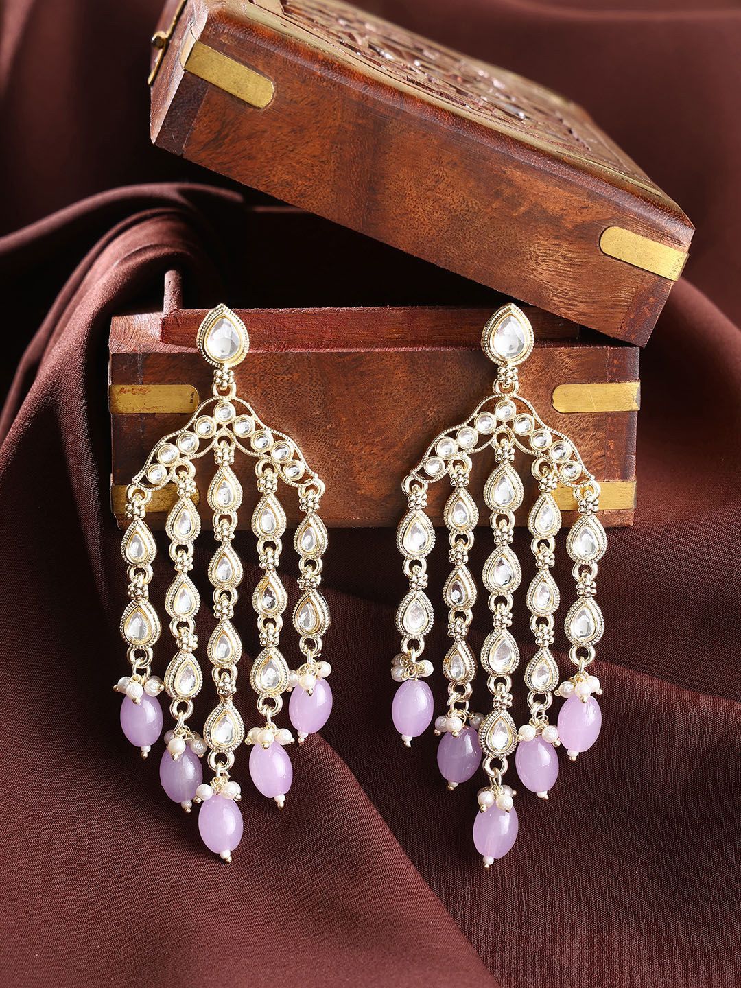 Priyaasi Gold-Plated Kundan Stone Studded & Pearls Beaded Tasselled Drop Earrings-picture-19