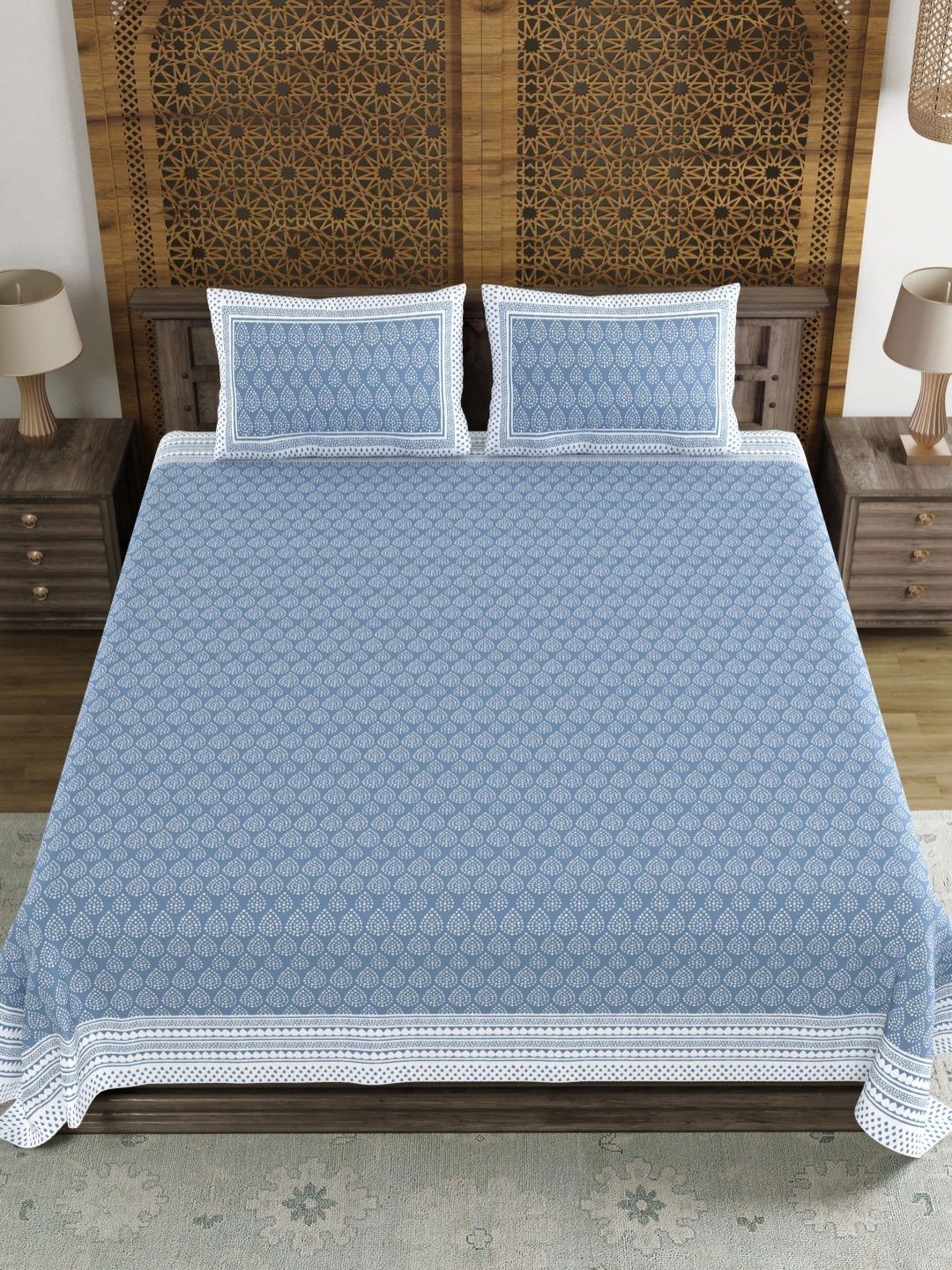 BLOCKS OF INDIA Blue & White Ethnic Motifs 210 TC King Bedsheet with 2 Pillow Covers-picture-34