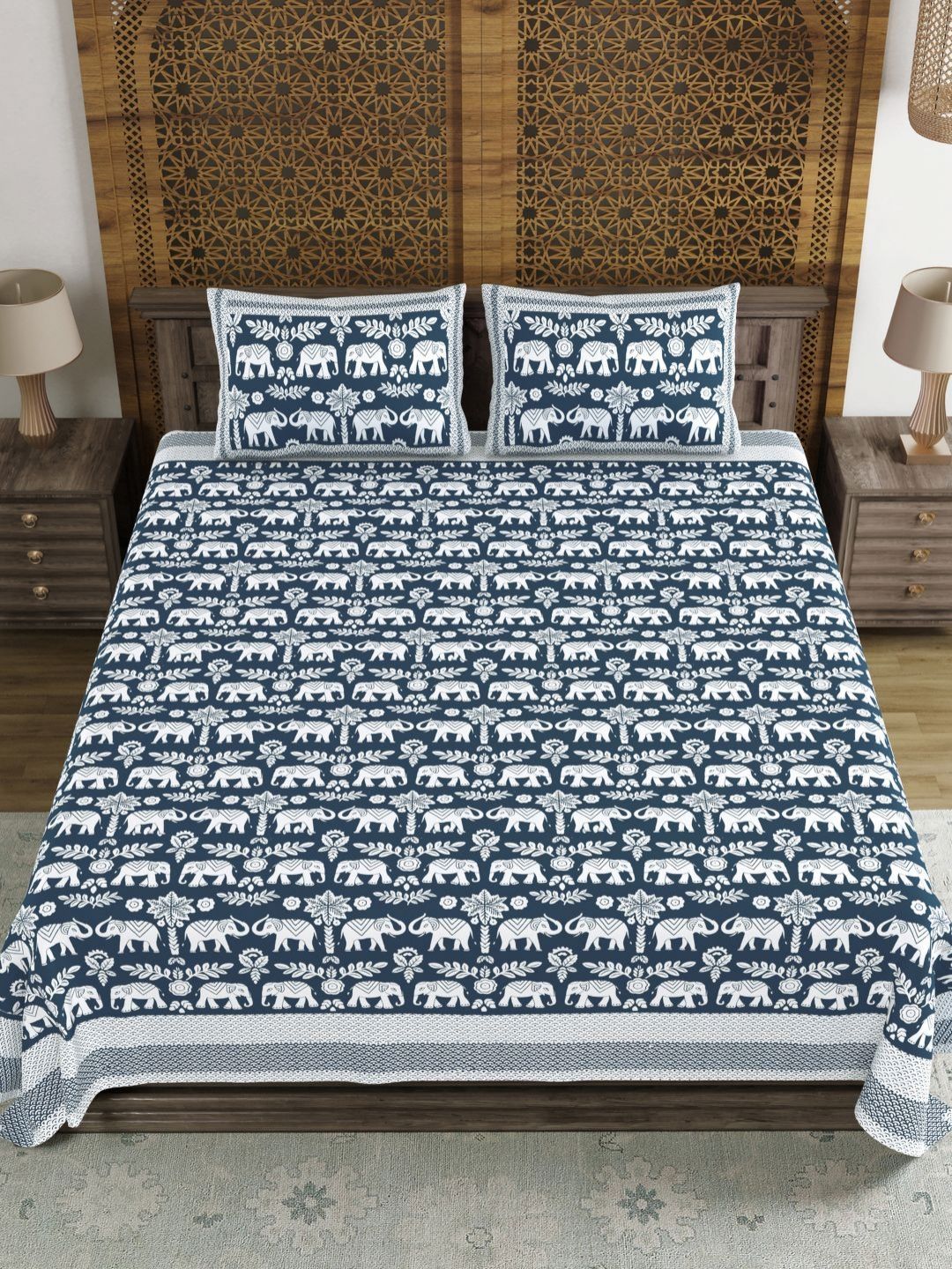 BLOCKS OF INDIA Blue & White Ethnic Motifs 210 TC King Bedsheet with 2 Pillow Covers-picture-35