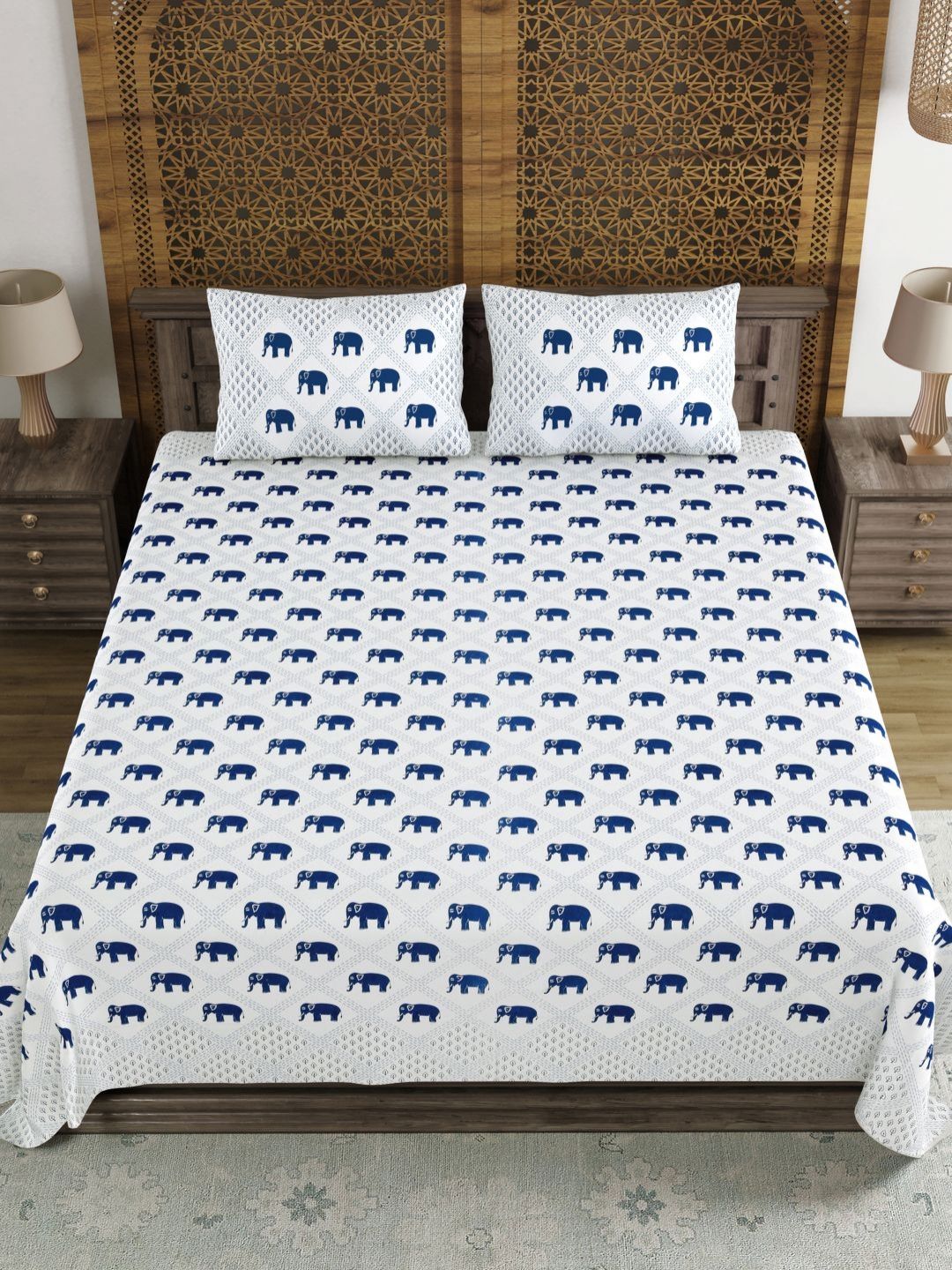 BLOCKS OF INDIA Blue & White Ethnic Motifs 210 TC King Bedsheet with 2 Pillow Covers-picture-37