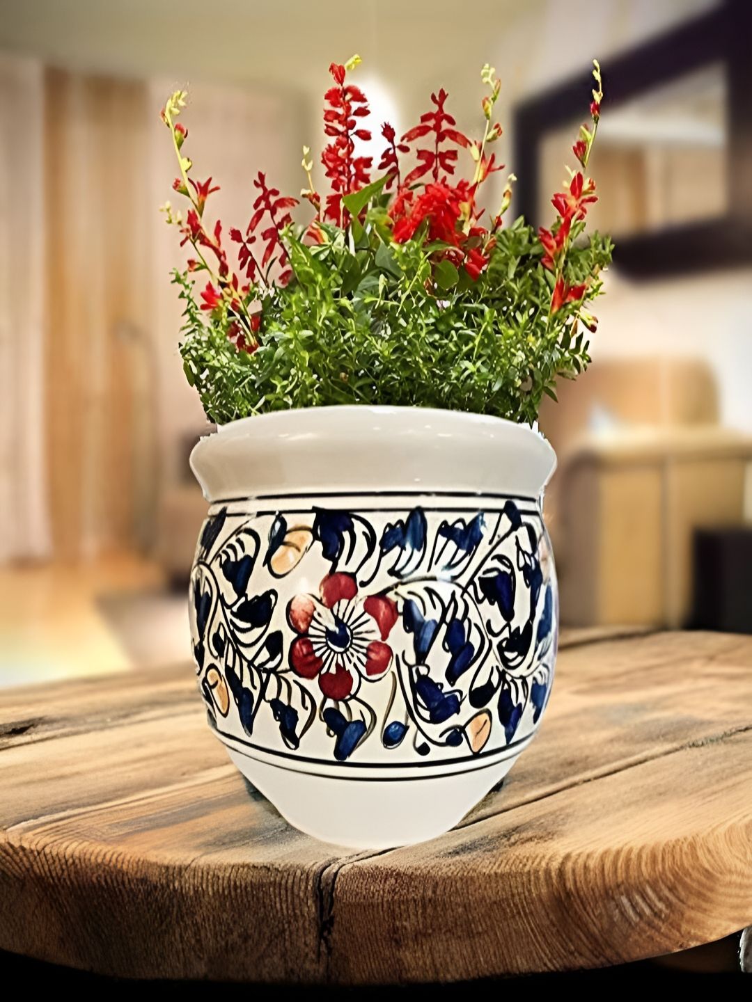 NIYARA Blue & White Printed Ceramic Round Planter-picture-14