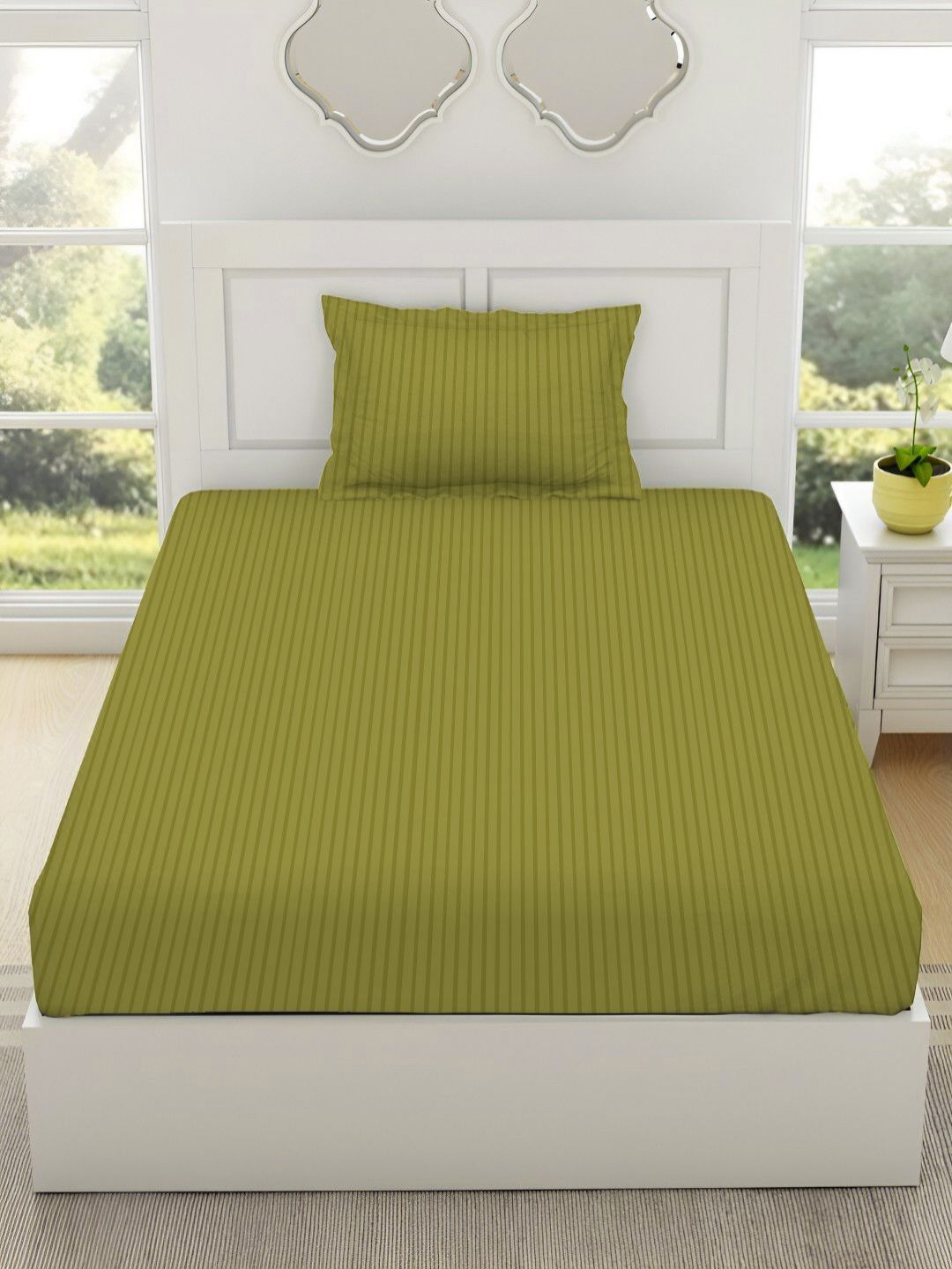 RRC Green Striped 144 TC Single Bedsheet with 1 Pillow Covers-image-30