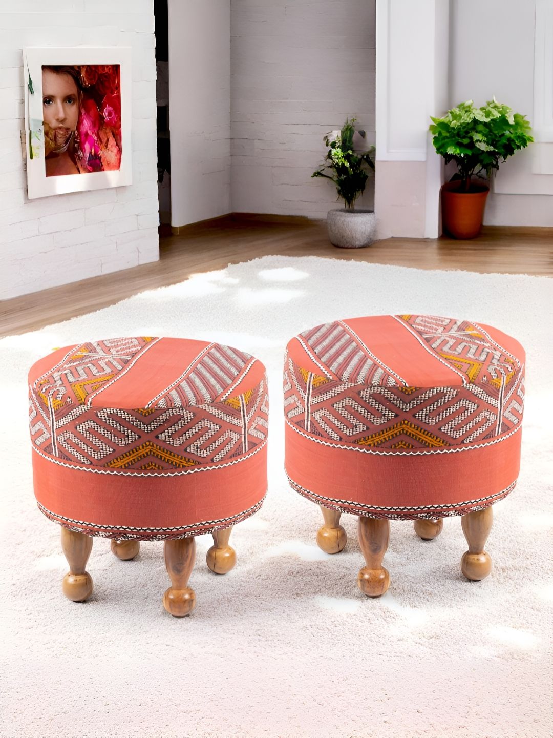 Ikiriya 2-Pcs Red & Brown Woven Design Round Ottomans