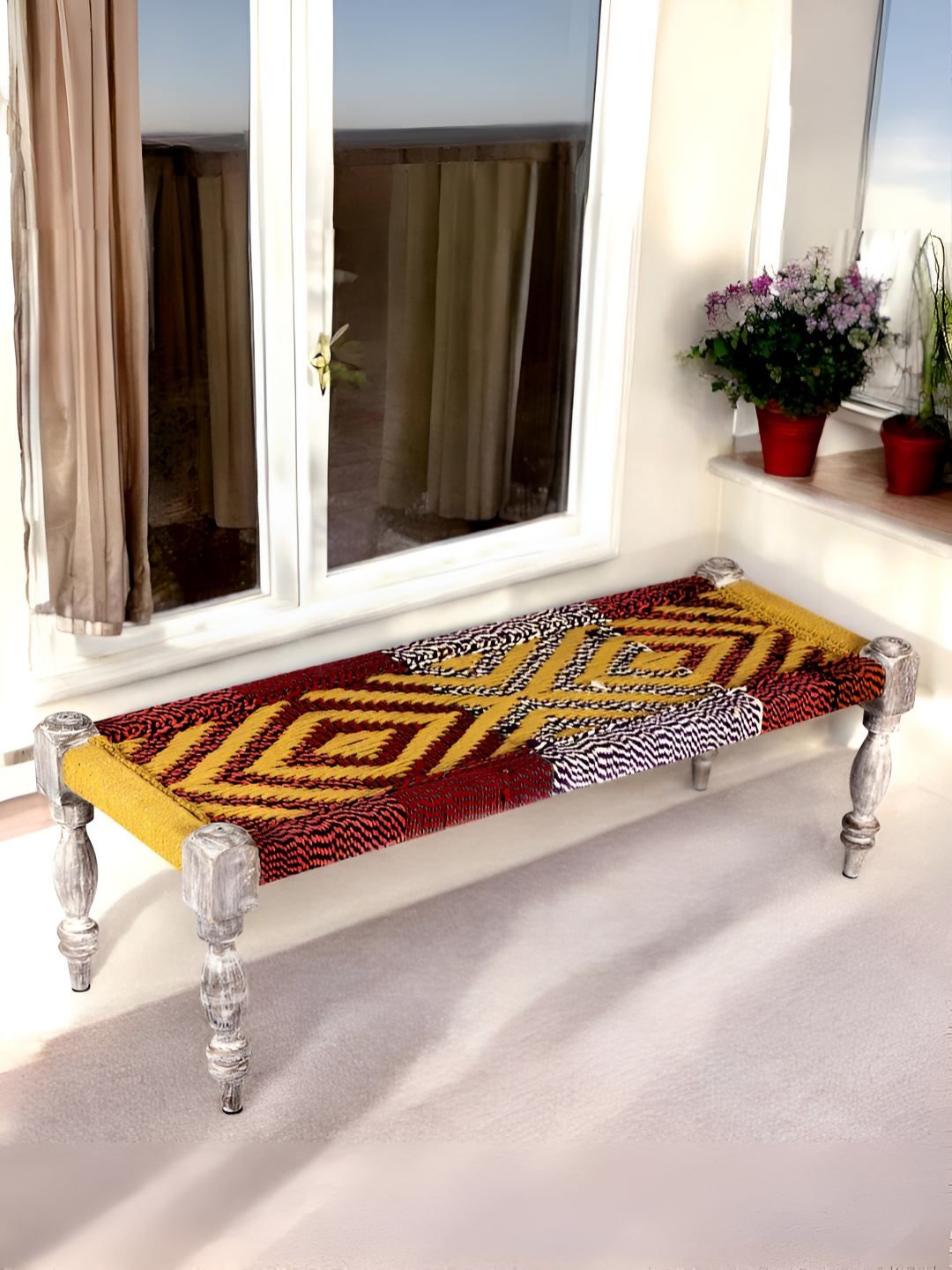 Ikiriya Red & Yellow Textured Sheesham Wood Vintage 3-Seater Maachi Bench