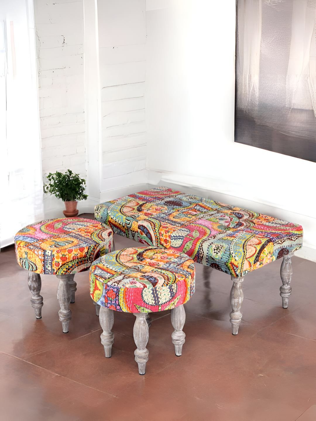 Ikiriya Red & Orange Kantha Embroidered 2-Seater Bench With Stools